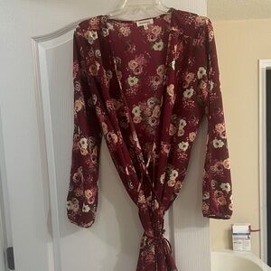 Maroon Floral Wrap Dress , 35 in long